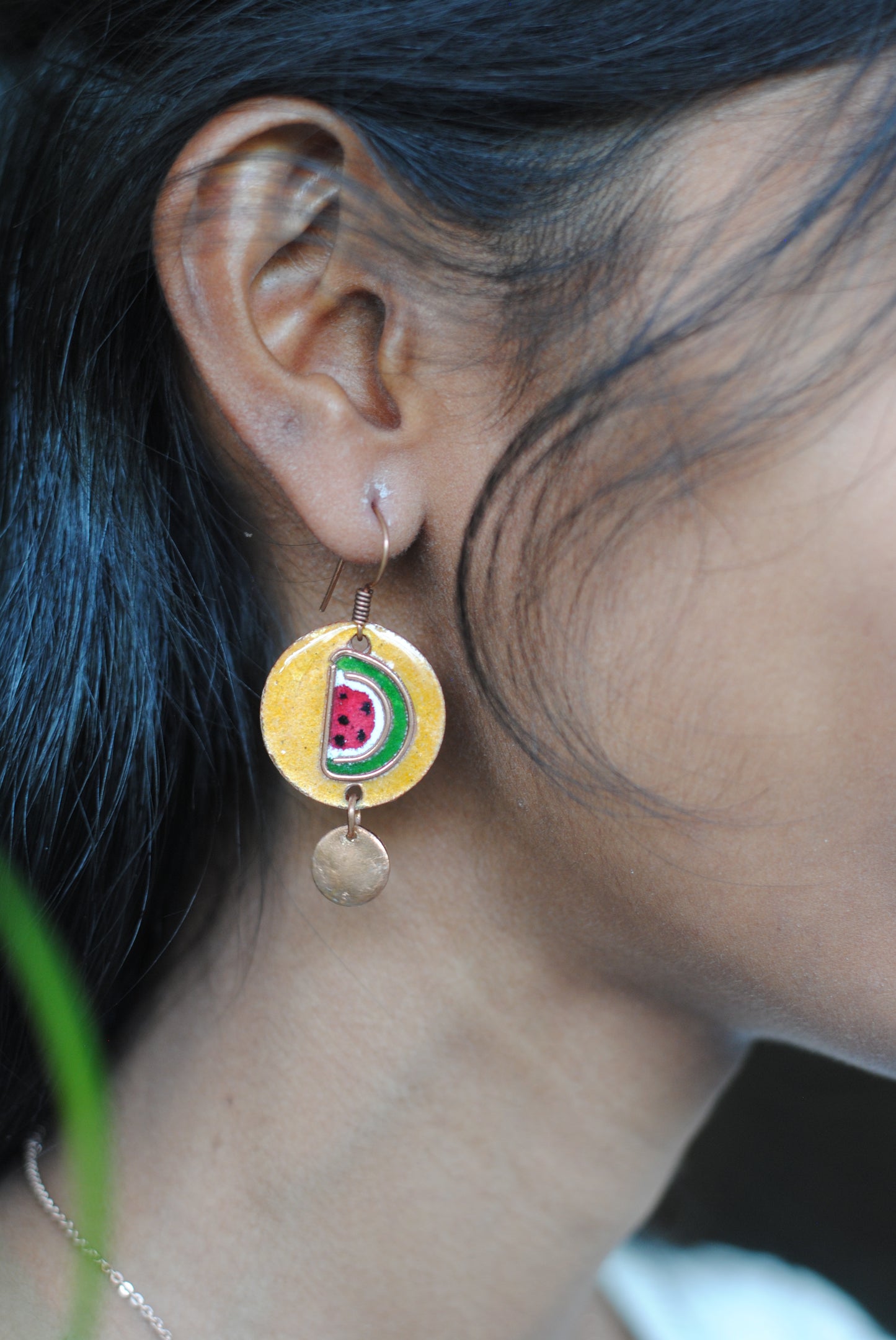 Copper enamel trinkets, funky earrings handcrafted in Maharashtra, India. Watermelon tarbooz theme
