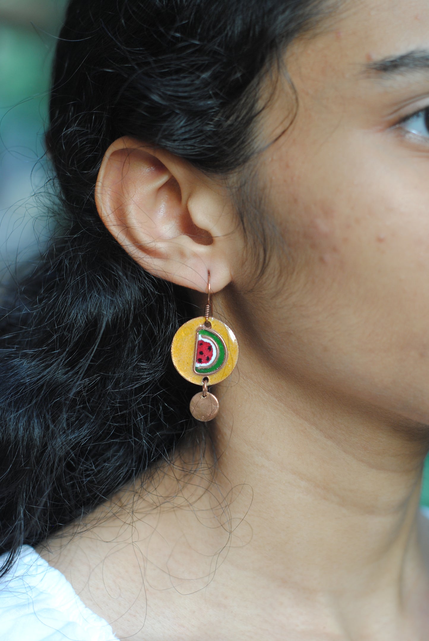 Copper enamel trinkets, funky earrings handcrafted in Maharashtra, India. Watermelon tarbooz theme
