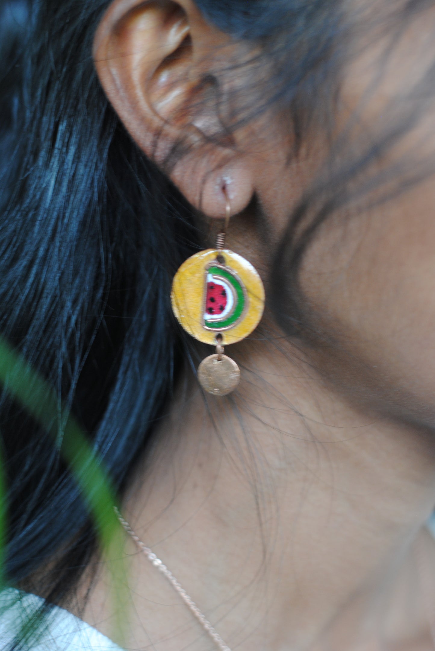 Copper enamel trinkets, funky earrings handcrafted in Maharashtra, India. Watermelon tarbooz theme