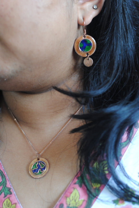 Copper enamel jewelry, funky earrings handcrafted in Maharashtra, India. World map theme