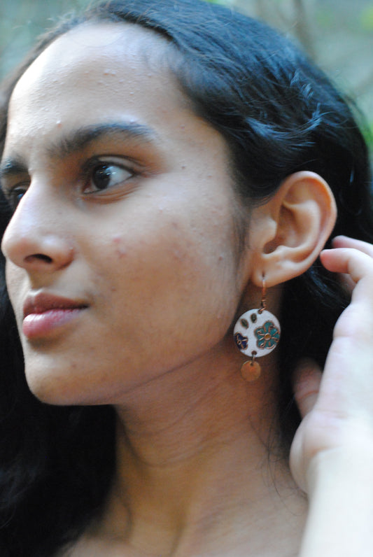 Copper enamel jewelry, funky earrings handcrafted in Maharashtra, India. Flower phool theme
