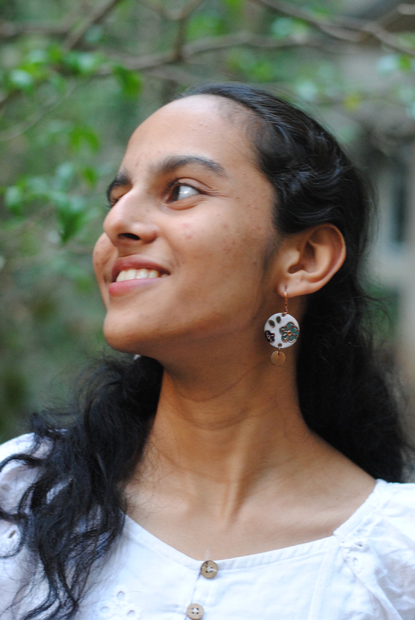 Copper enamel jewelry, funky earrings handcrafted in Maharashtra, India. Flower phool theme