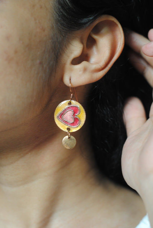Copper enamel jewelry, funky earrings handcrafted in Maharashtra, India. Dil hearts theme