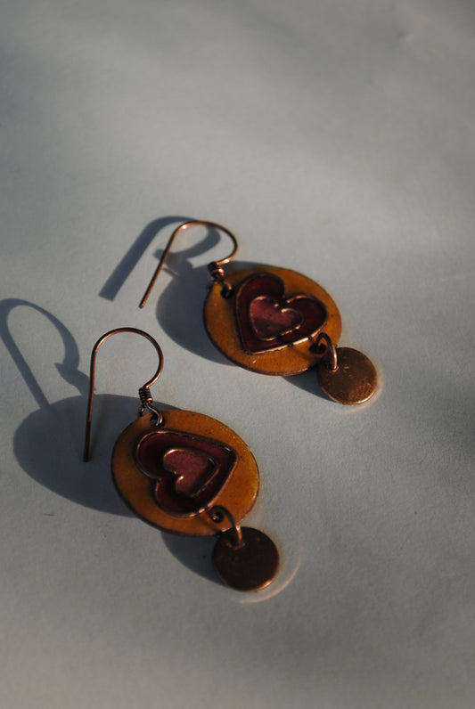 Copper enamel jewelry, funky earrings handcrafted in Maharashtra, India. Dil hearts theme