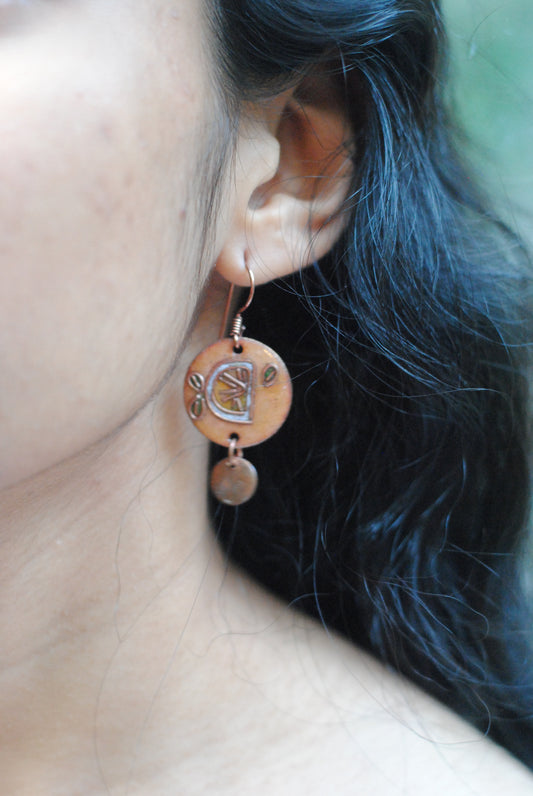 Copper enamel jewelry, funky earrings handcrafted in Maharashtra, India. Lemon nimbuzz theme
