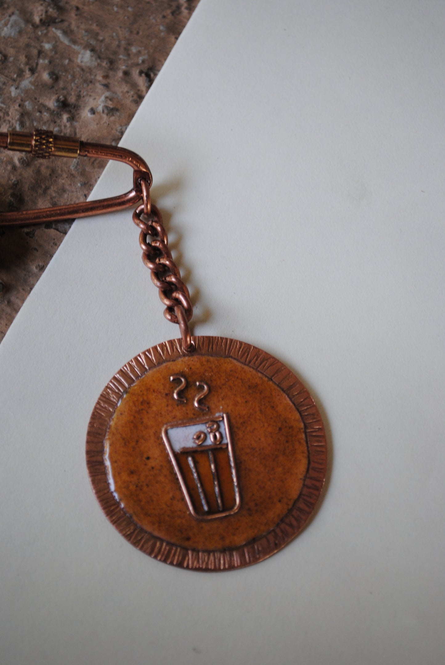 Copper enamel trinkets, funky keychains handcrafted in Maharashtra, India. Chai paani theme