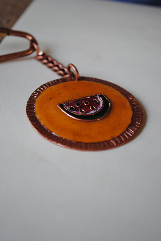 Copper enamel trinkets, funky keychains handcrafted in Maharashtra, India. Tarbooz watermelon theme