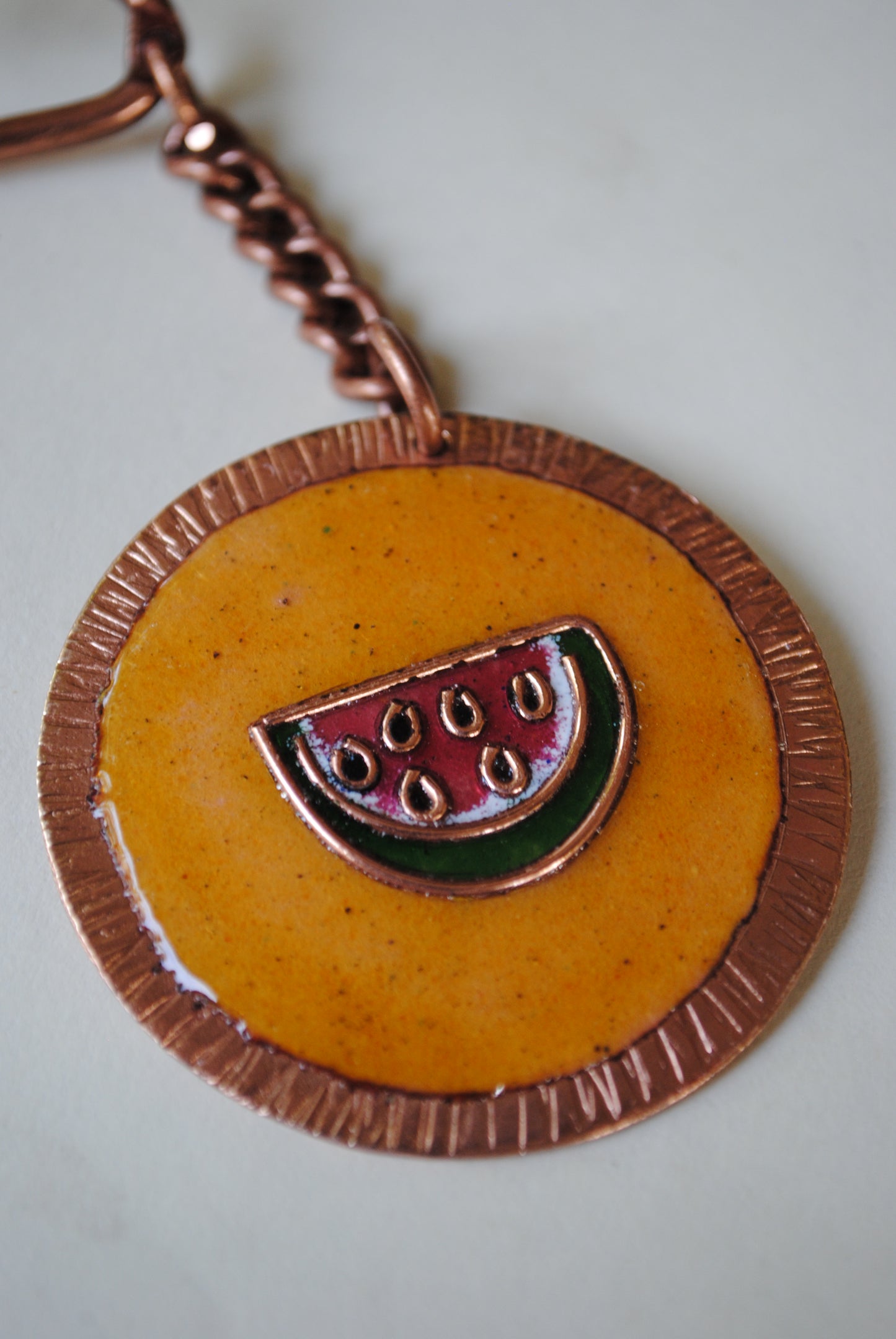 Copper enamel trinkets, funky keychains handcrafted in Maharashtra, India. Tarbooz watermelon theme