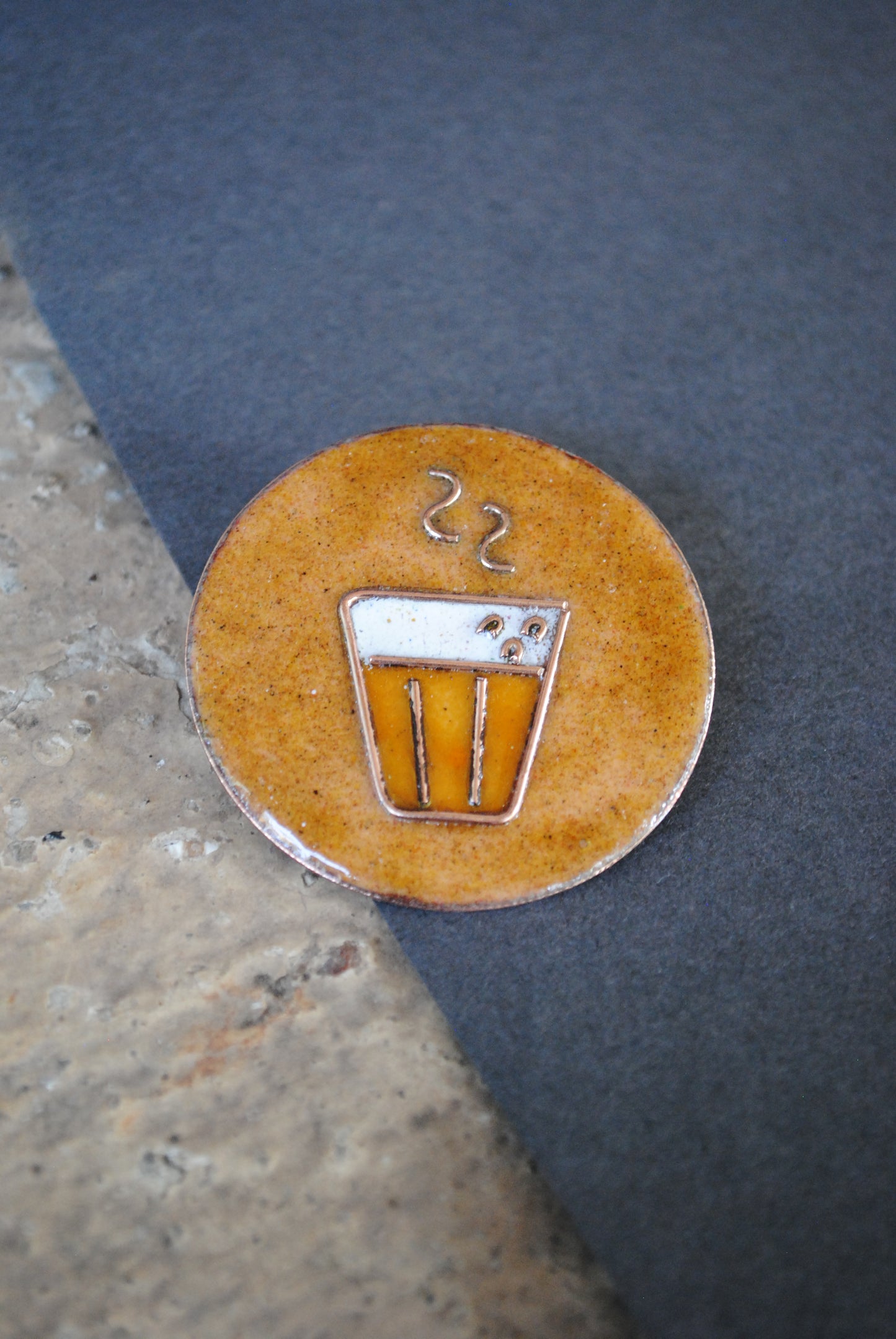 Copper enamel trinkets, funky lapel pin handcrafted in Maharashtra, India. Chai paani theme
