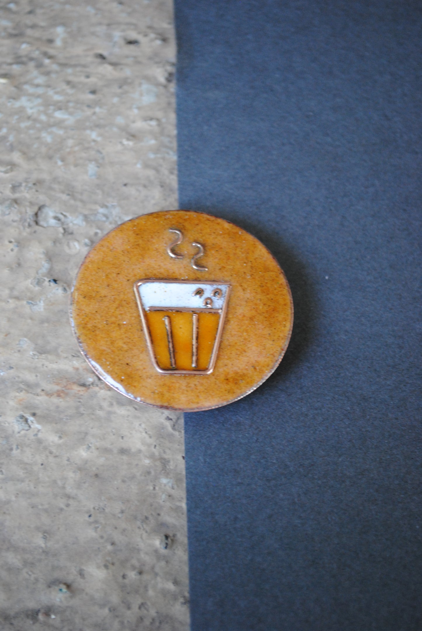 Copper enamel trinkets, funky lapel pin handcrafted in Maharashtra, India. Chai paani theme