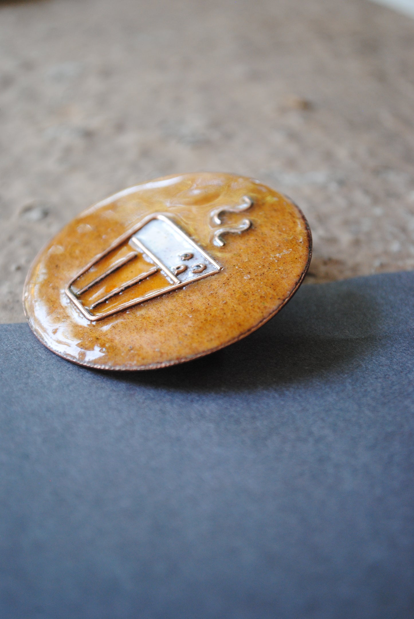 Copper enamel trinkets, funky lapel pin handcrafted in Maharashtra, India. Chai paani theme