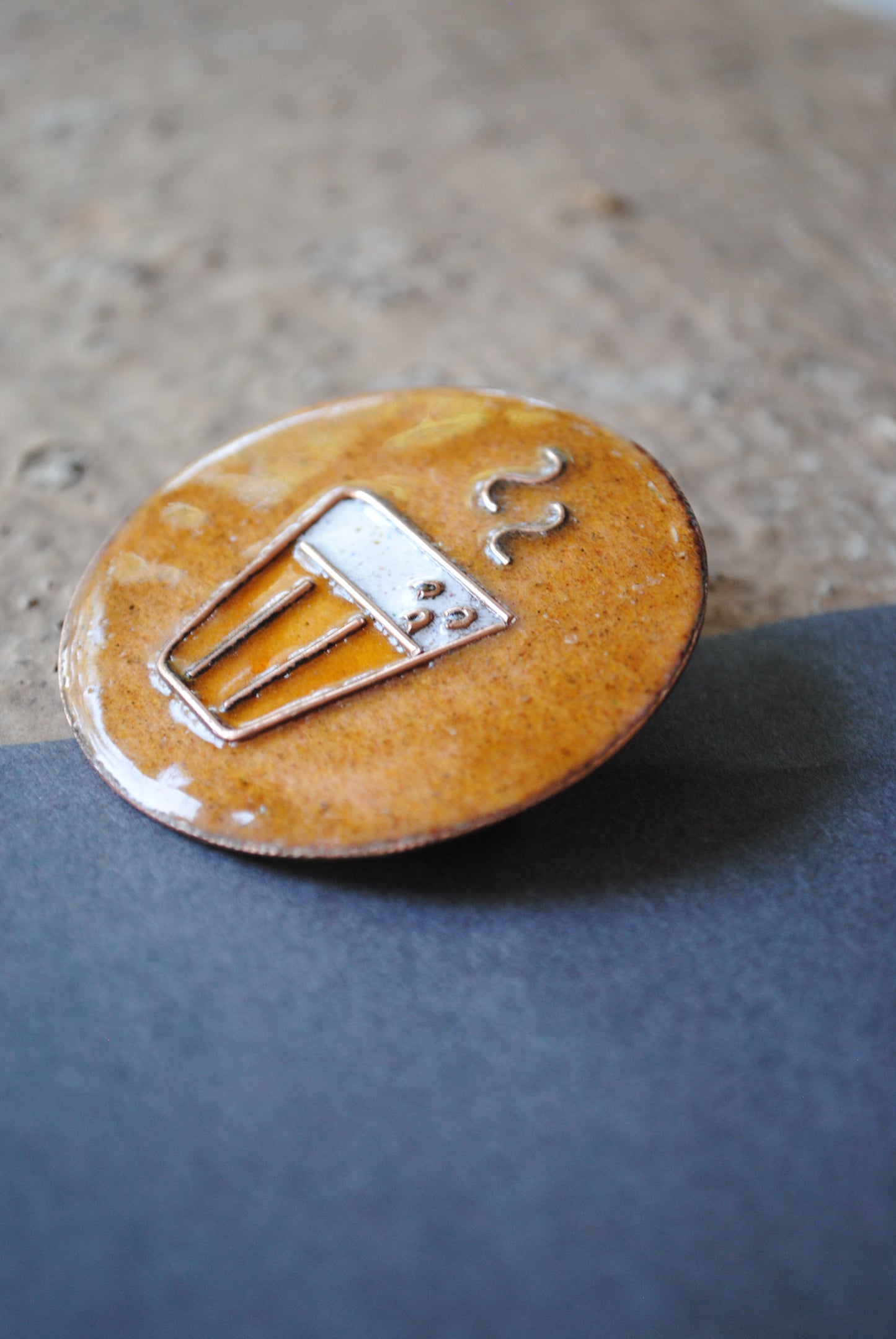 Copper enamel trinkets, funky lapel pin handcrafted in Maharashtra, India. Chai paani theme