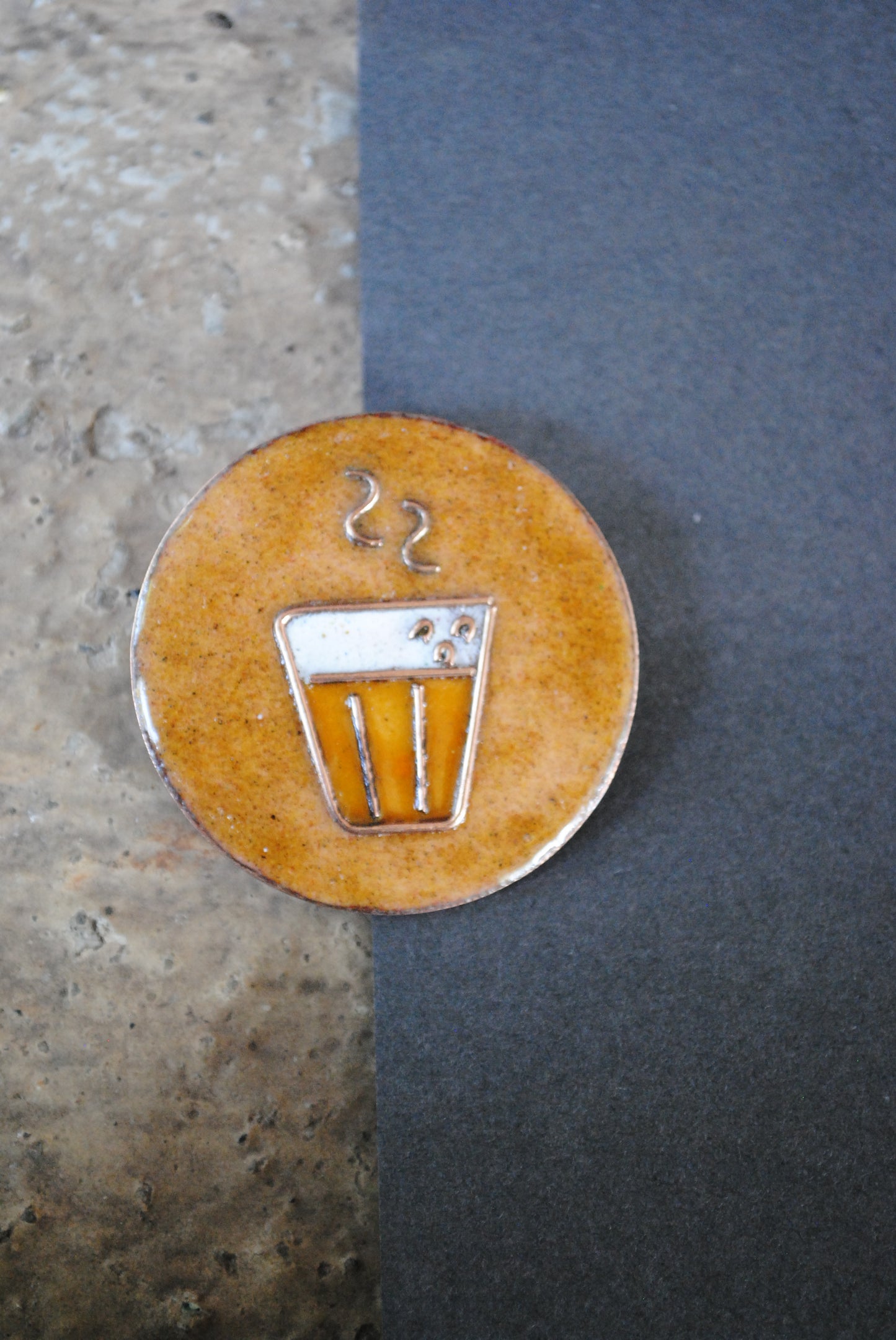Copper enamel trinkets, funky lapel pin handcrafted in Maharashtra, India. Chai paani theme