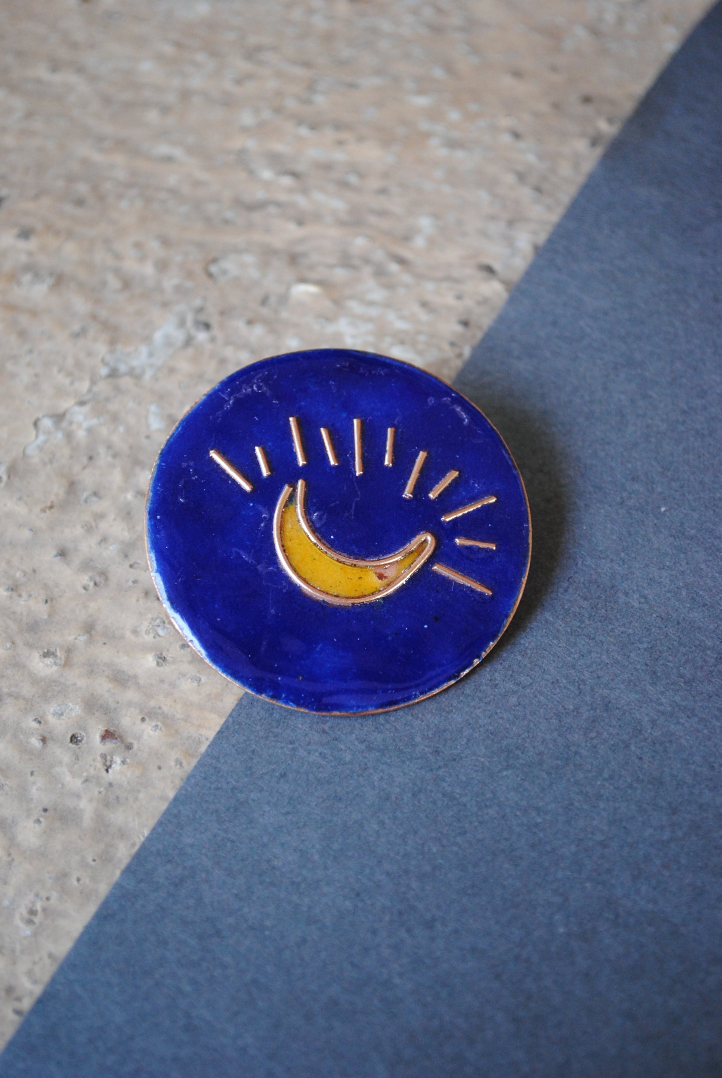 Copper enamel trinkets, funky lapel pins handcrafted in Maharashtra, India. Moon theme