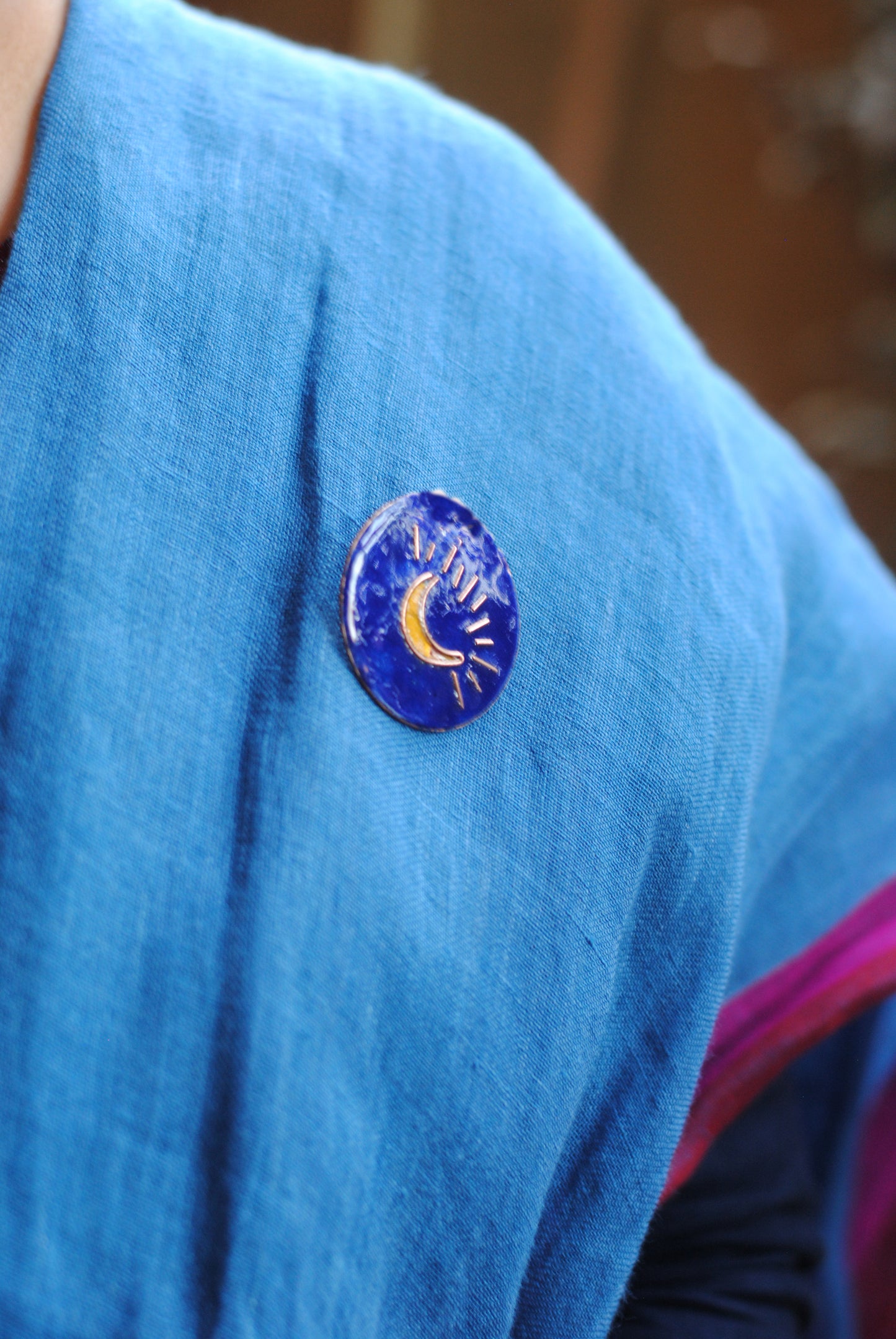 Copper enamel trinkets, funky lapel pins handcrafted in Maharashtra, India. Moon theme