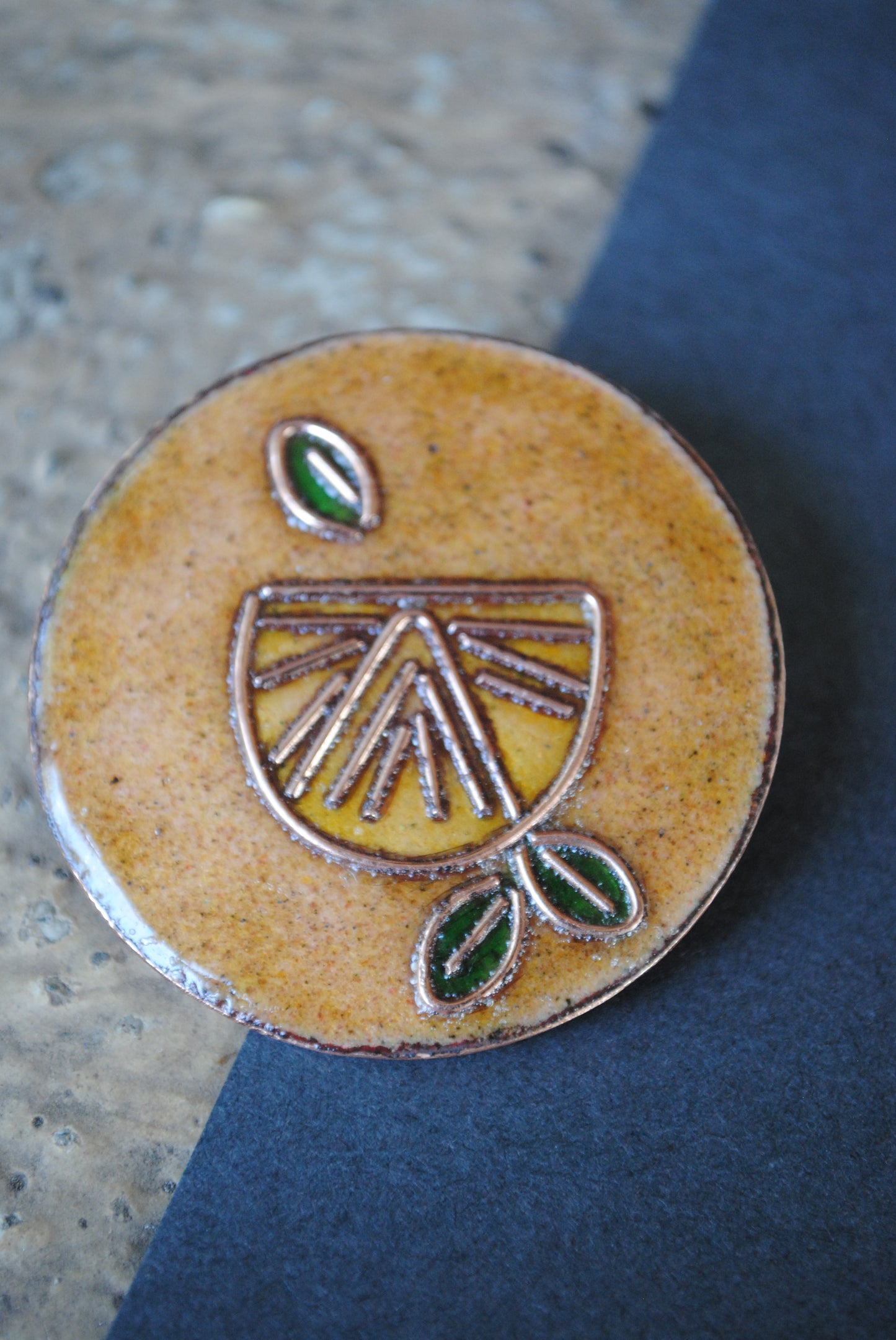Copper enamel trinkets, funky lapel pins handcrafted in Maharashtra, India. Lemon theme