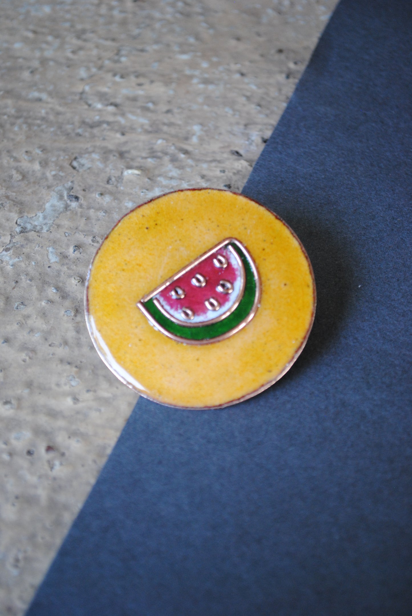 Copper enamel trinkets, funky lapel pin handcrafted in Maharashtra, India. Tarbooz watermelon theme