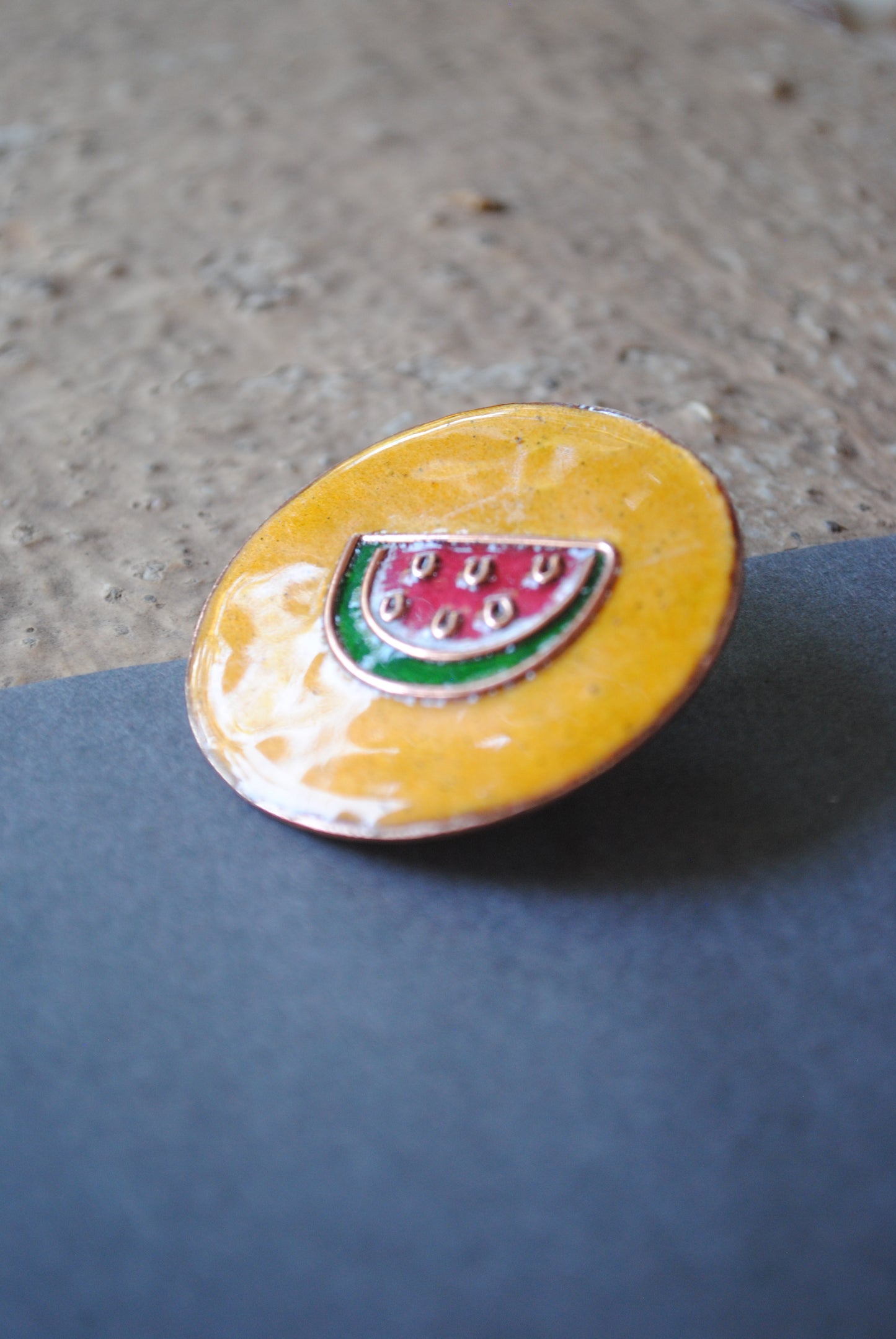 Copper enamel trinkets, funky lapel pin handcrafted in Maharashtra, India. Tarbooz watermelon theme