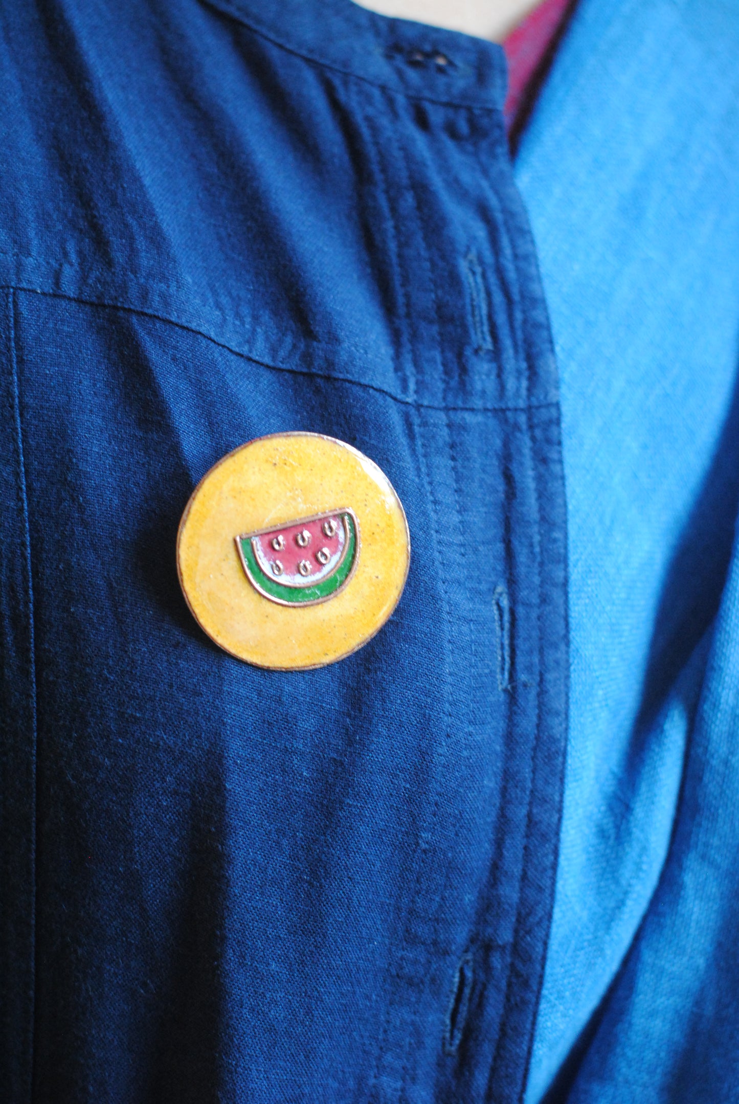 Copper enamel trinkets, funky lapel pin handcrafted in Maharashtra, India. Tarbooz watermelon theme