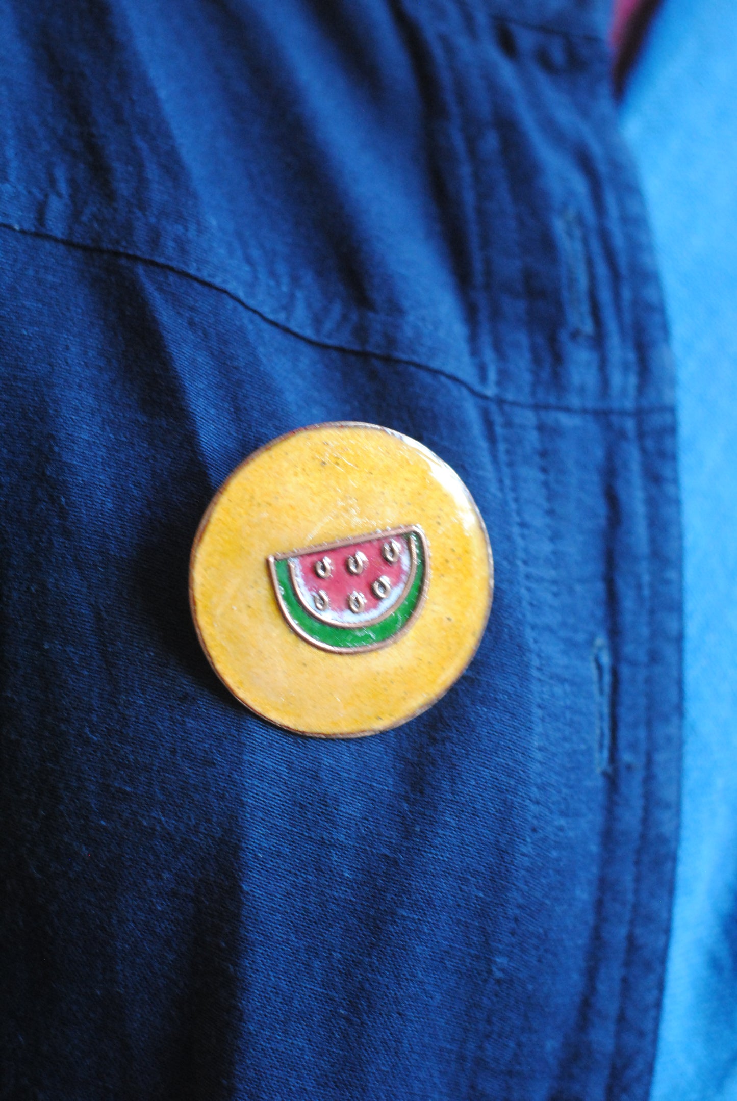Copper enamel trinkets, funky lapel pin handcrafted in Maharashtra, India. Tarbooz watermelon theme