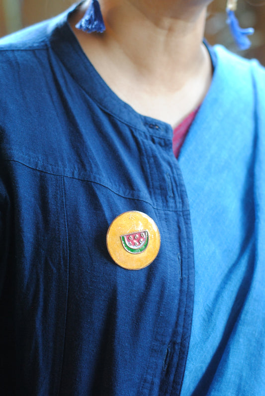 Copper enamel trinkets, funky lapel pin handcrafted in Maharashtra, India. Tarbooz watermelon theme
