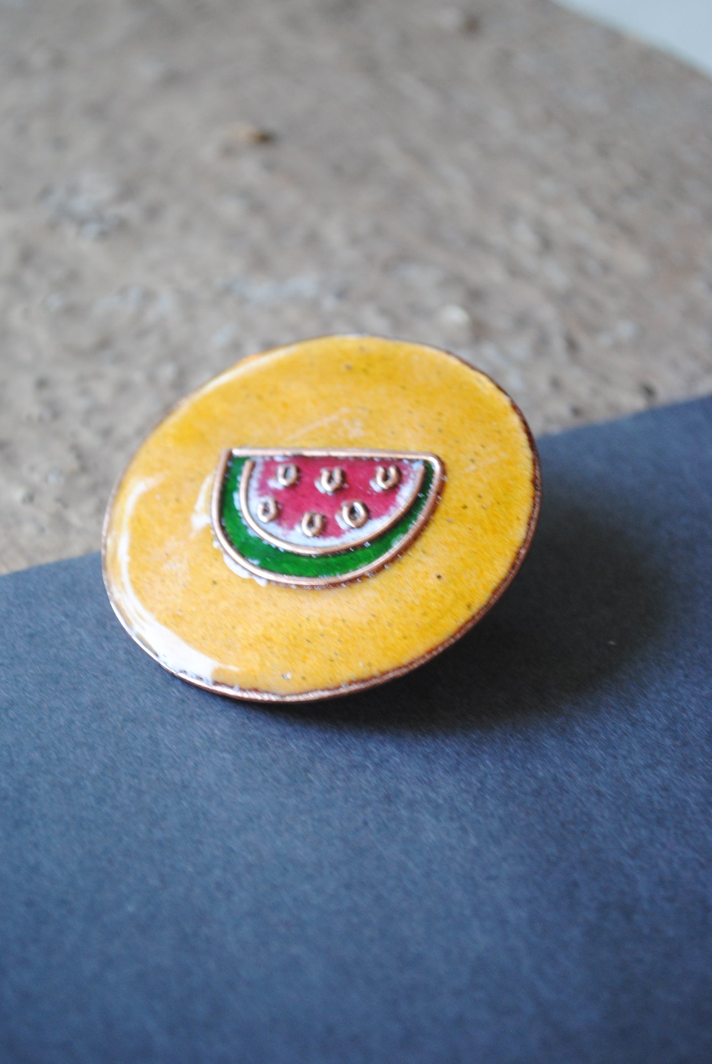 Copper enamel trinkets, funky lapel pin handcrafted in Maharashtra, India. Tarbooz watermelon theme