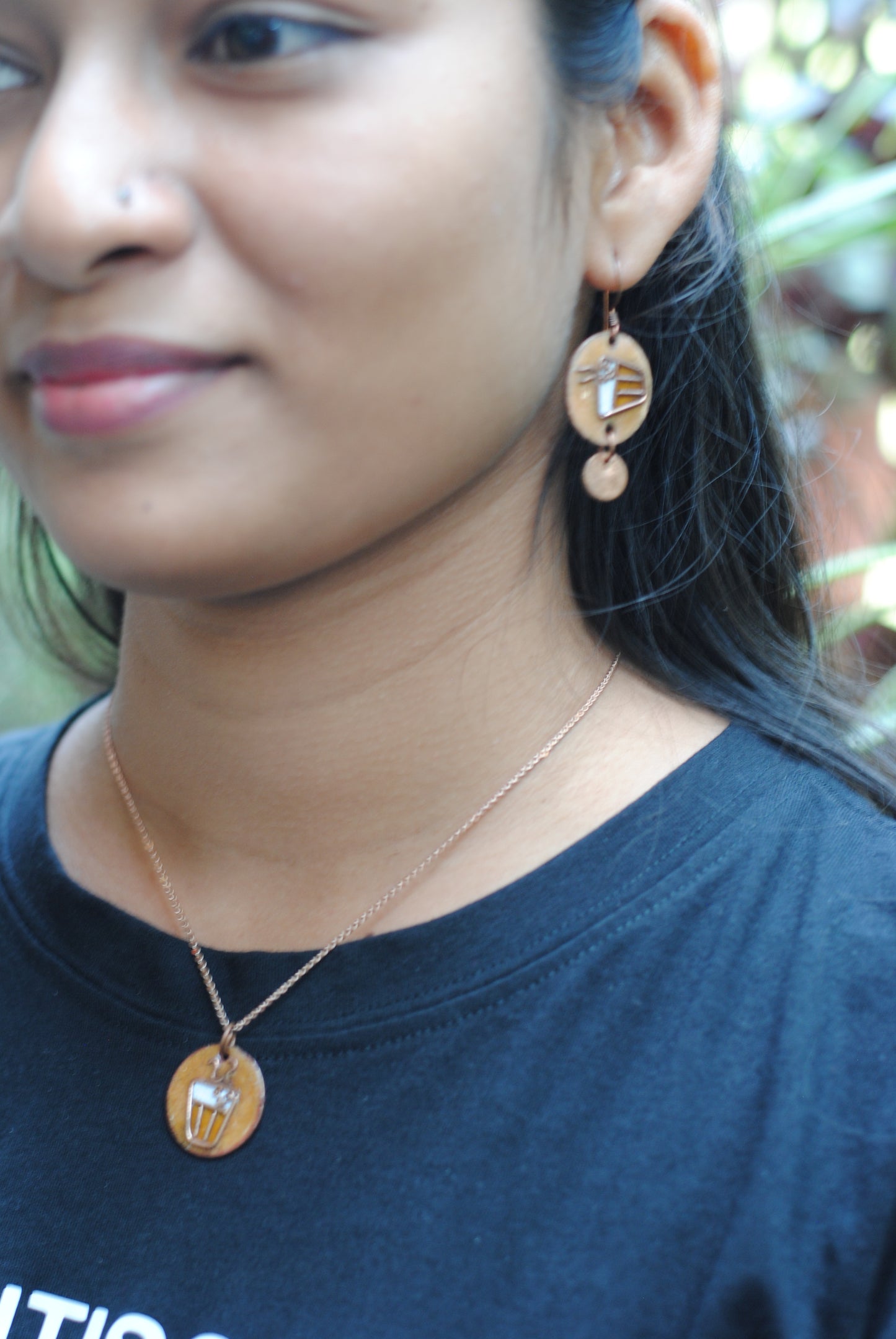 Copper enamel jewelry, funky pendant handcrafted in Maharashtra, India. Chai paani theme