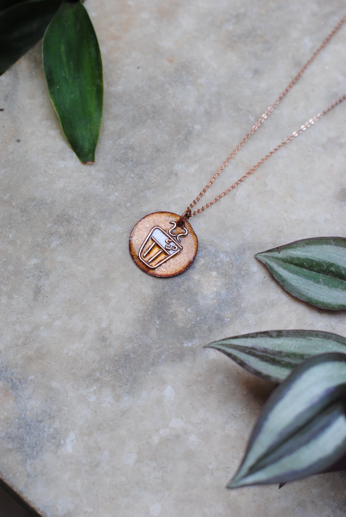 Copper enamel jewelry, funky pendant handcrafted in Maharashtra, India. Chai paani theme