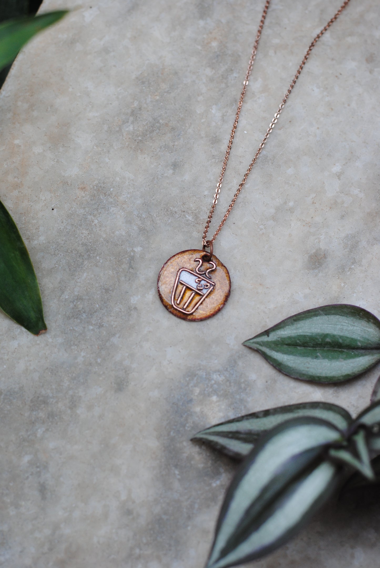 Copper enamel jewelry, funky pendant handcrafted in Maharashtra, India. Chai paani theme