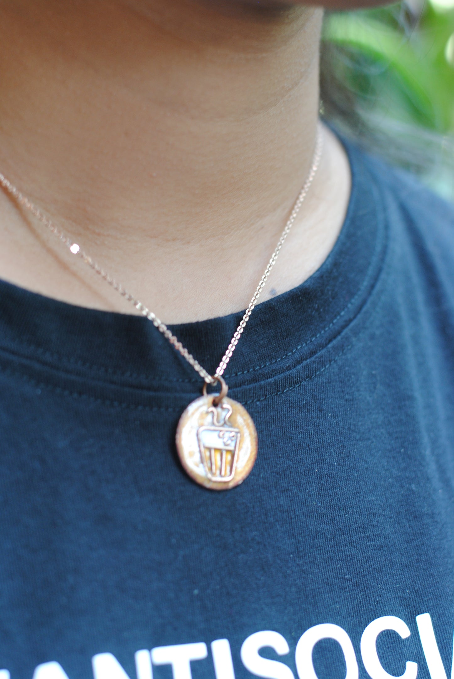 Copper enamel jewelry, funky pendant handcrafted in Maharashtra, India. Chai paani theme