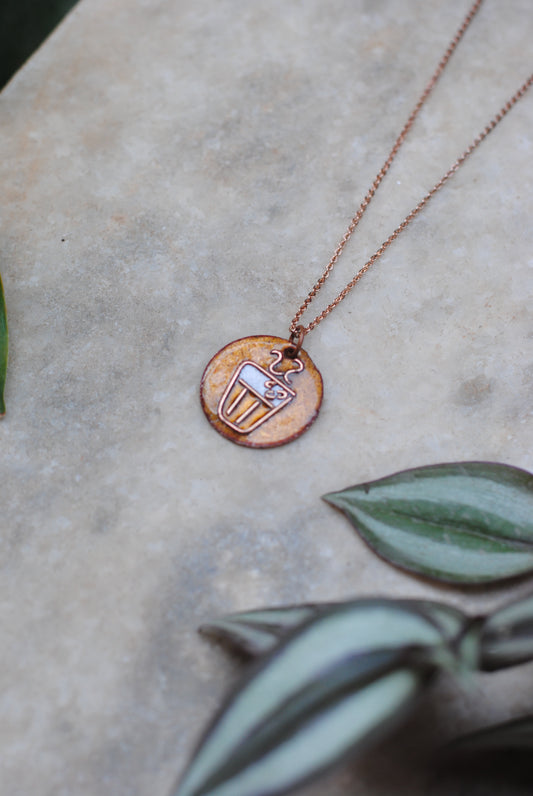Copper enamel jewelry, funky pendant handcrafted in Maharashtra, India. Chai paani theme