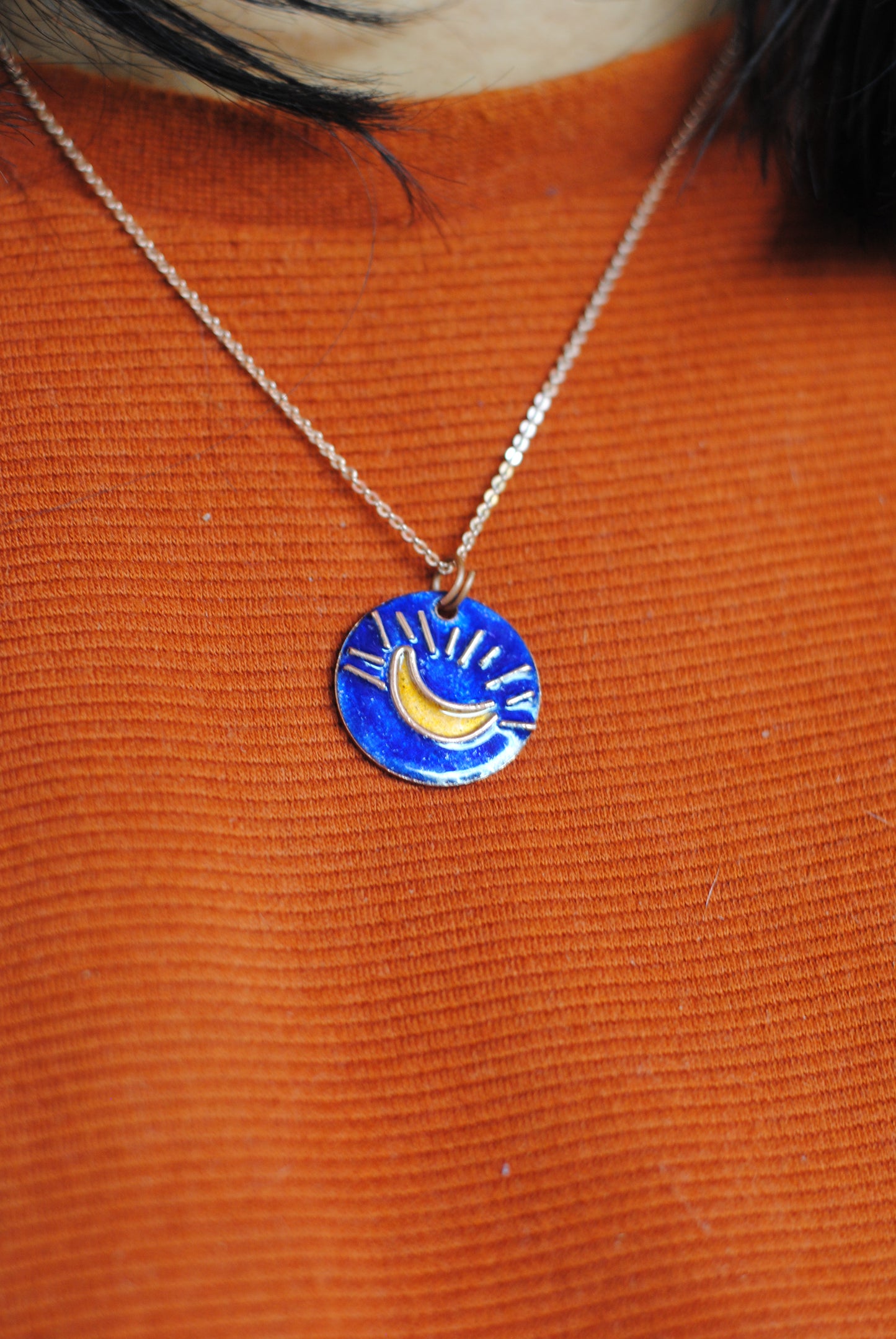 Copper enamel jewelry, funky pendant handcrafted in Maharashtra, India. Moon theme