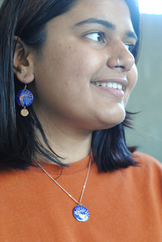 Copper enamel jewelry, funky pendant handcrafted in Maharashtra, India. Moon theme