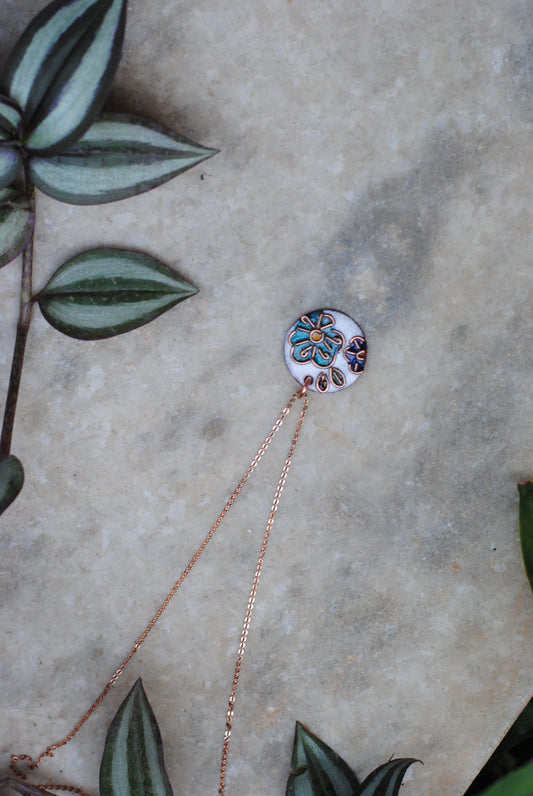 Copper enamel jewelry, funky pendant handcrafted in Maharashtra, India. Flower phool theme