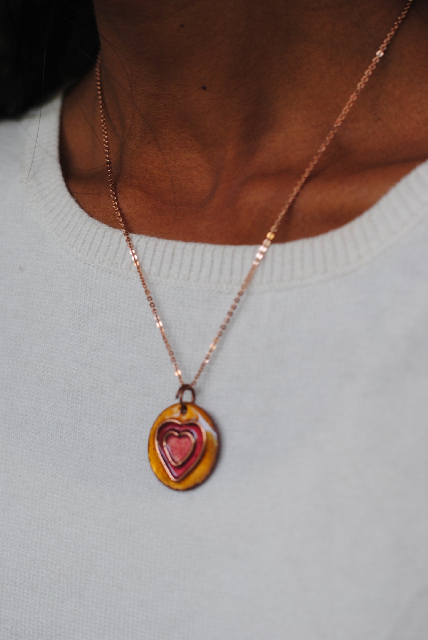 Copper enamel jewelry, funky pendant handcrafted in Maharashtra, India. Hearts dil theme