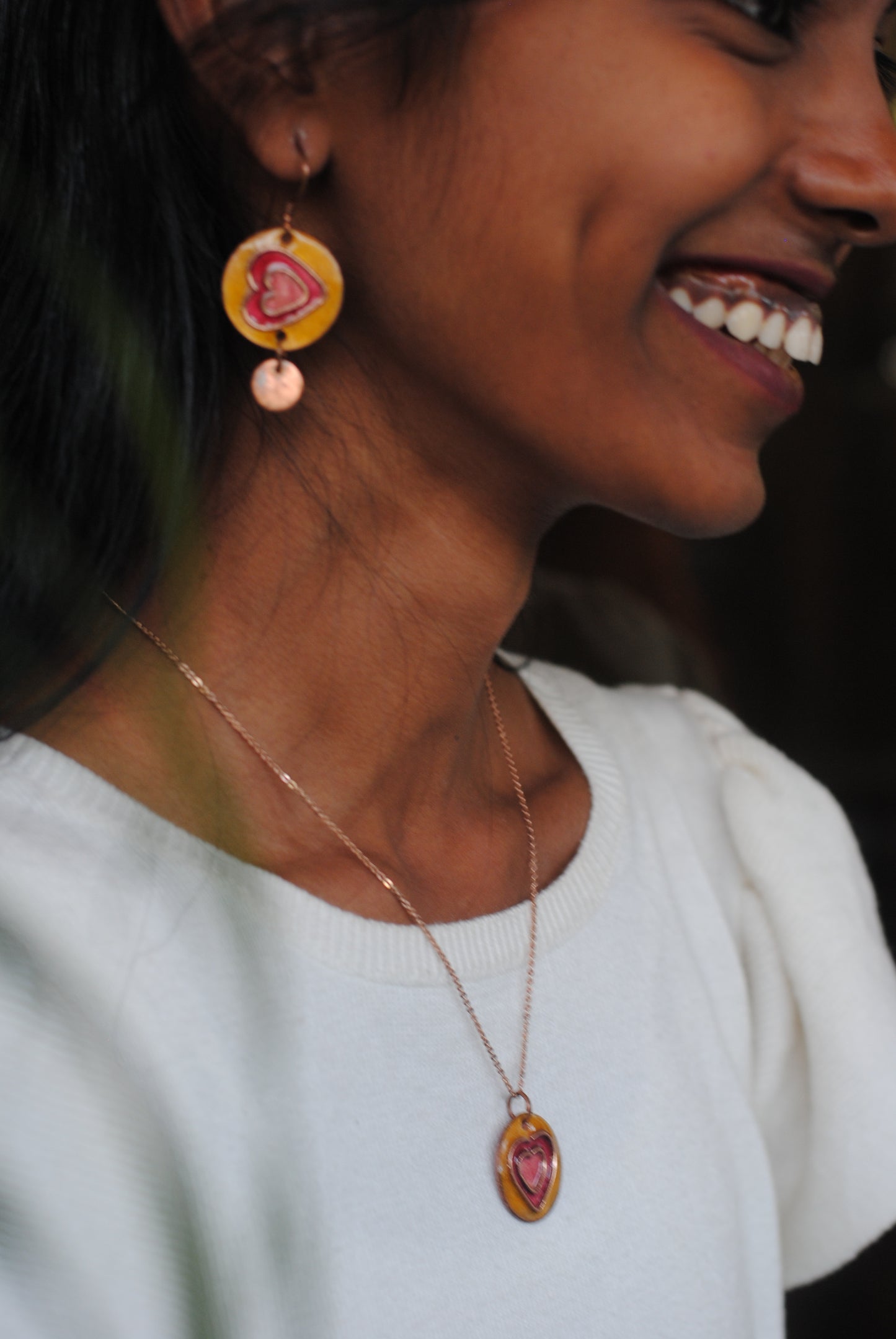 Copper enamel jewelry, funky pendant handcrafted in Maharashtra, India. Hearts dil theme