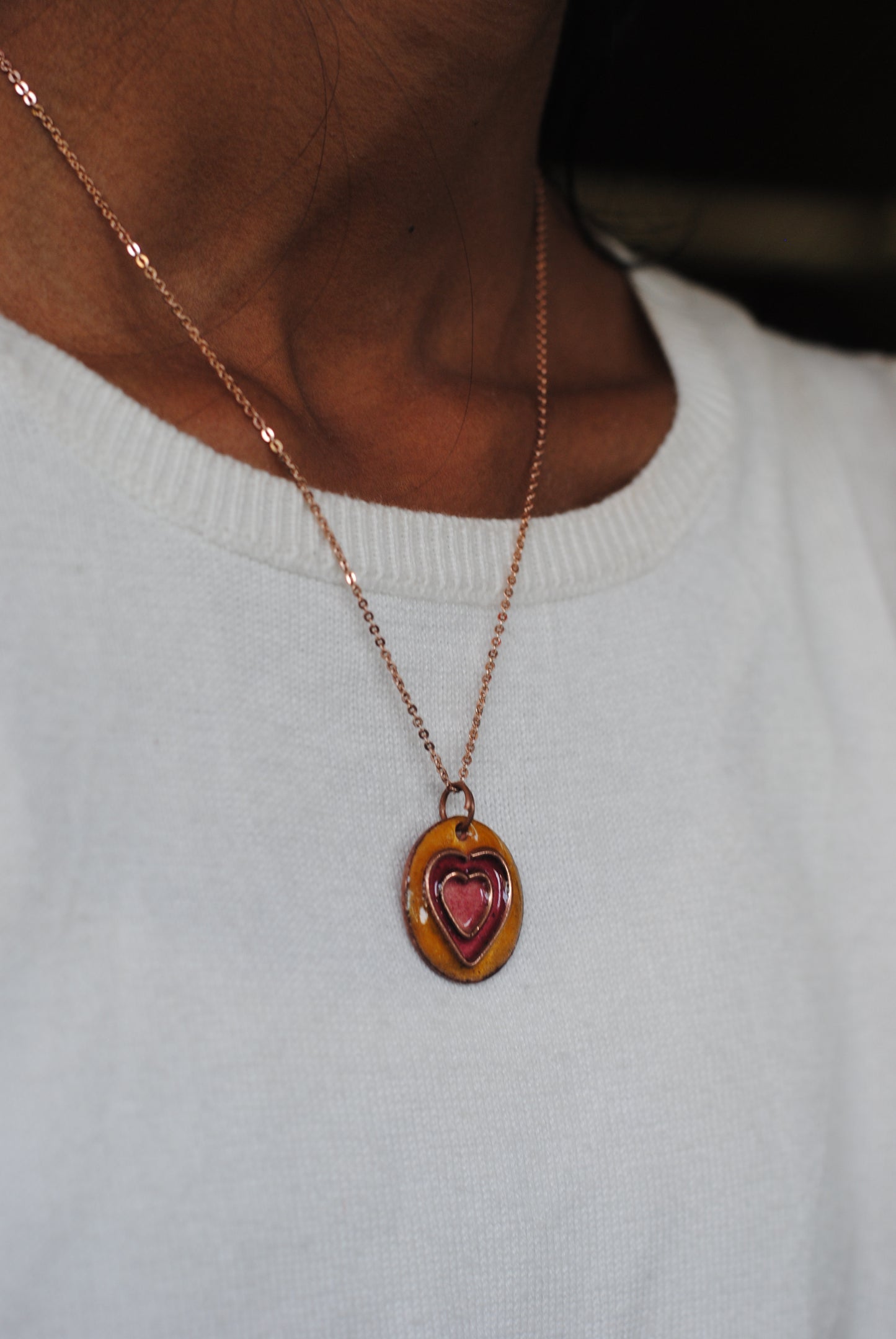 Copper enamel jewelry, funky pendant handcrafted in Maharashtra, India. Hearts dil theme