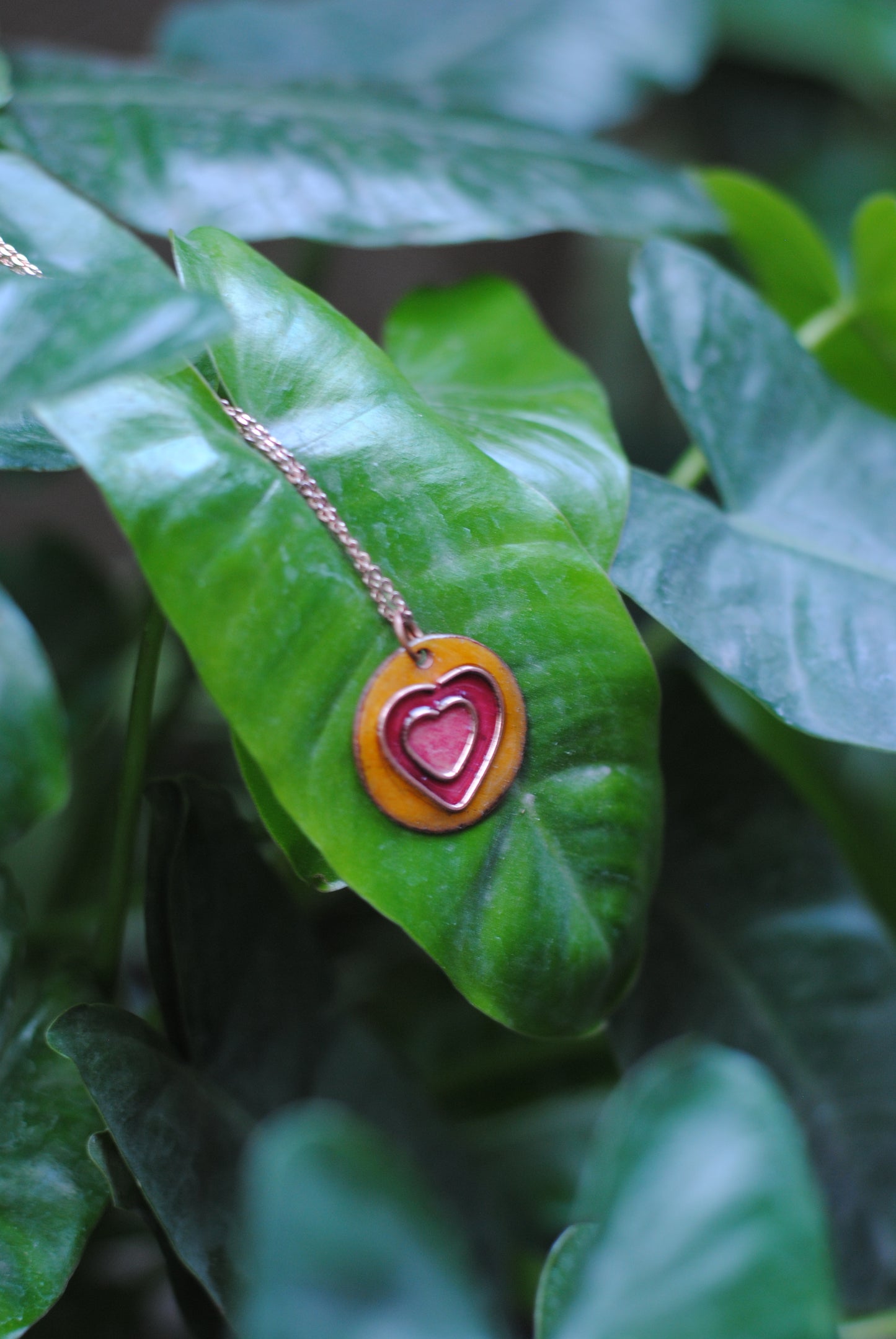 Copper enamel jewelry, funky pendant handcrafted in Maharashtra, India. Hearts dil theme