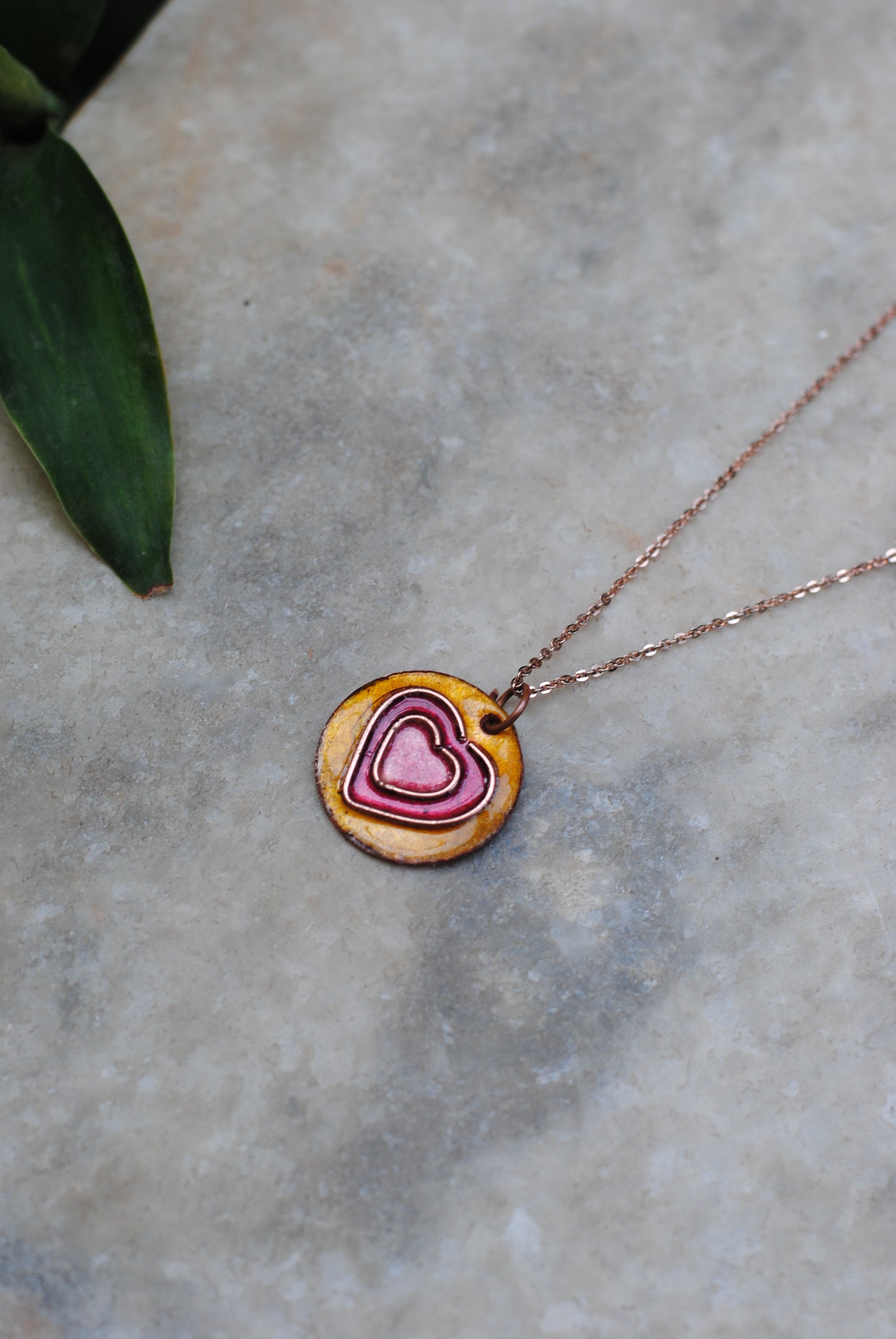 Copper enamel jewelry, funky pendant handcrafted in Maharashtra, India. Hearts dil theme