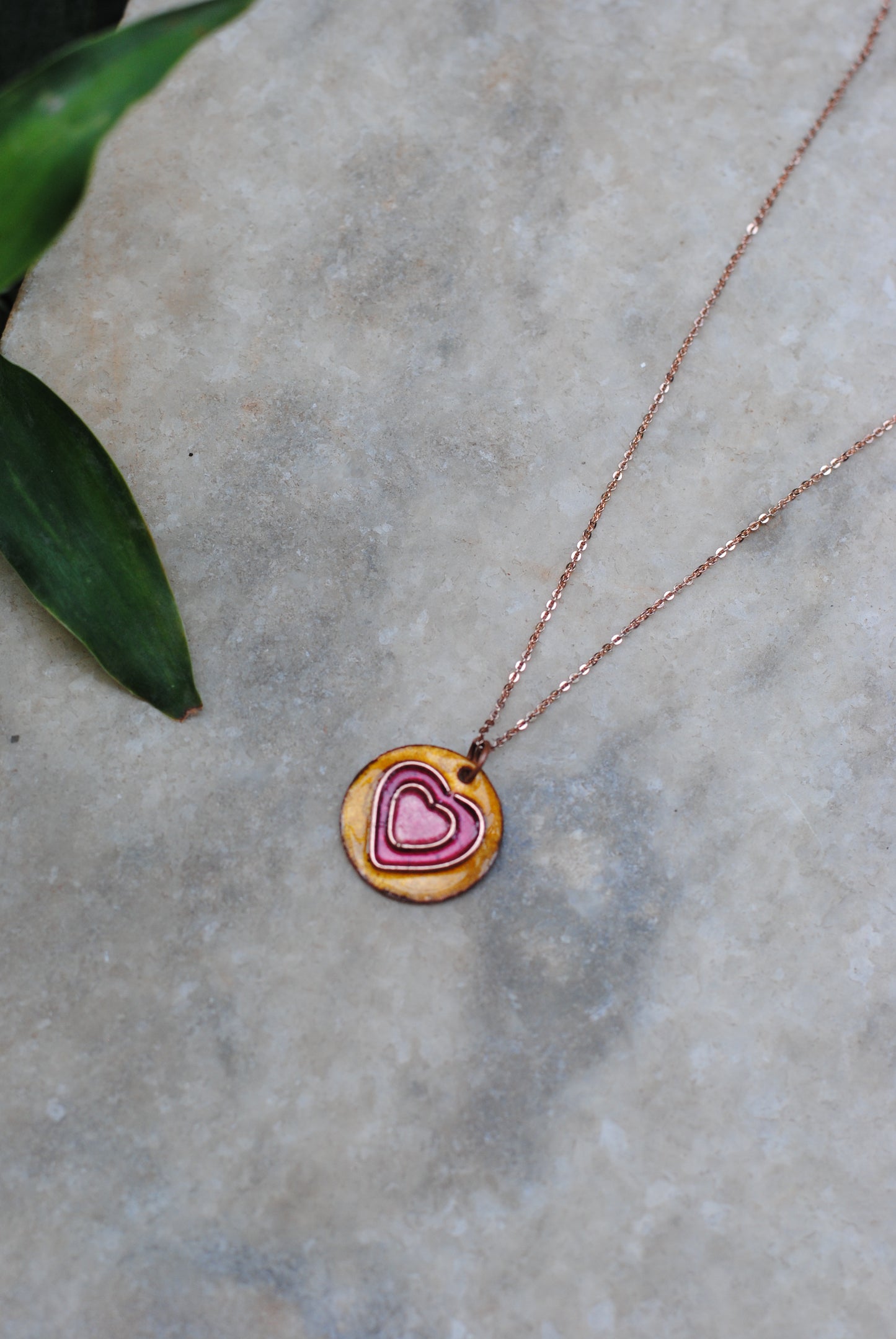 Copper enamel jewelry, funky pendant handcrafted in Maharashtra, India. Hearts dil theme