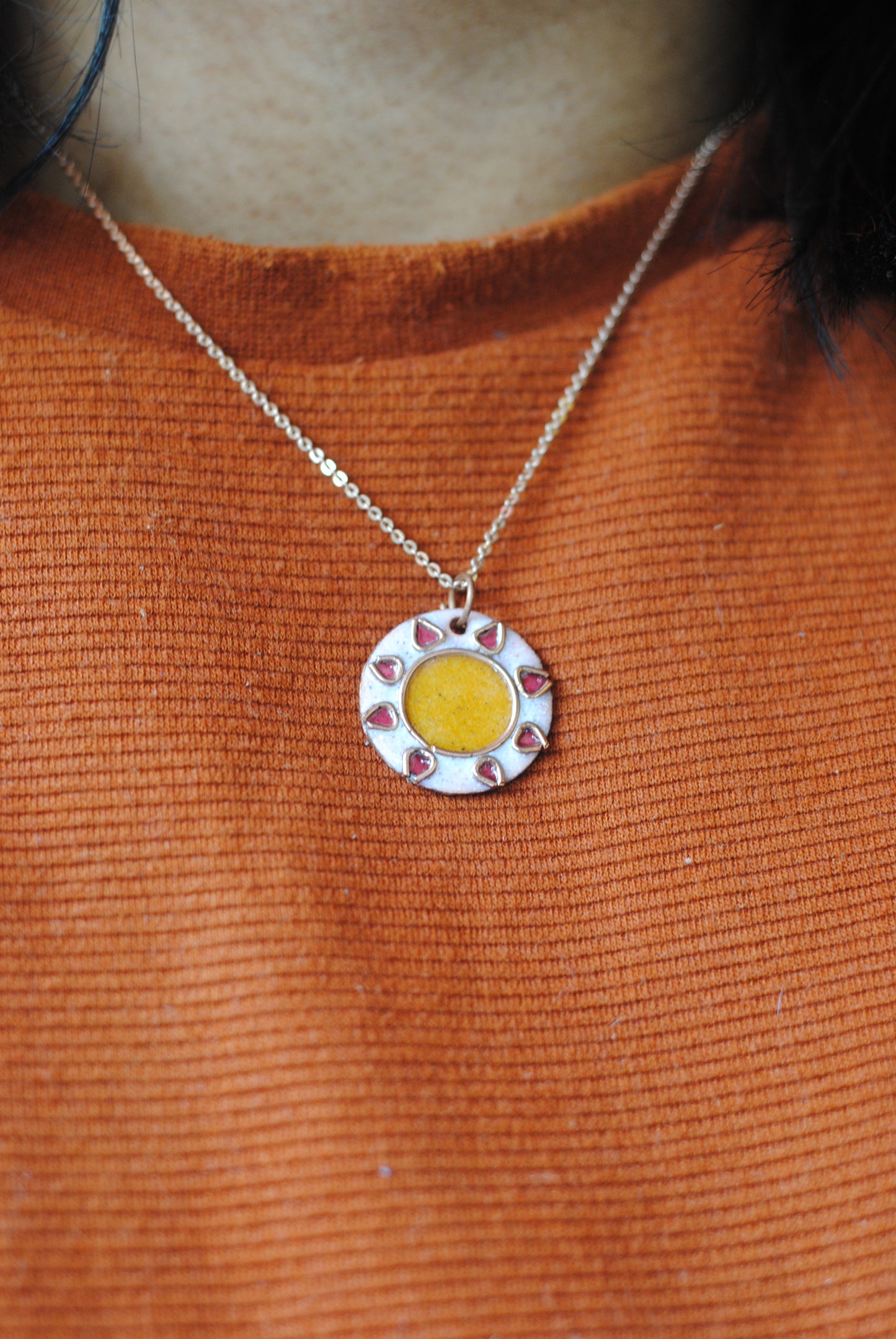 Copper enamel jewelry, funky pendant handcrafted in Maharashtra, India. Sun sooraj theme