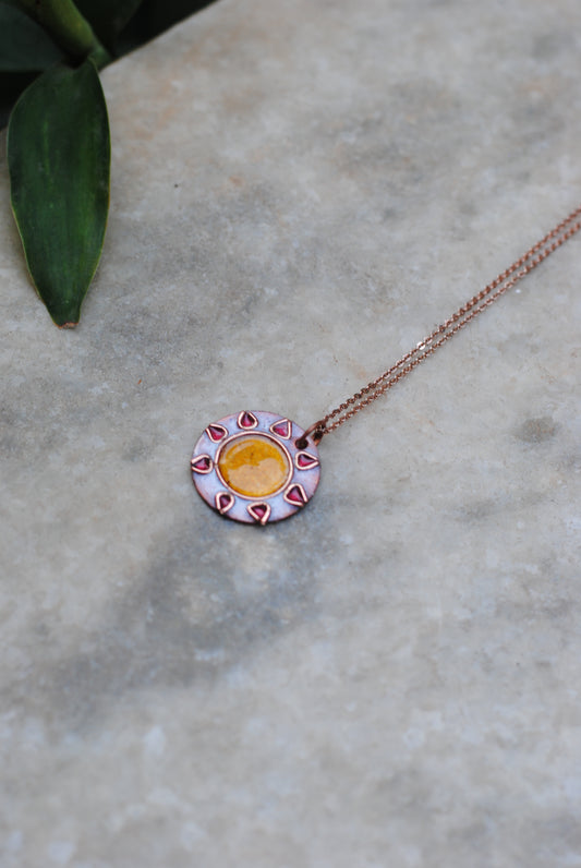 Copper enamel jewelry, funky pendant handcrafted in Maharashtra, India. Sun sooraj theme