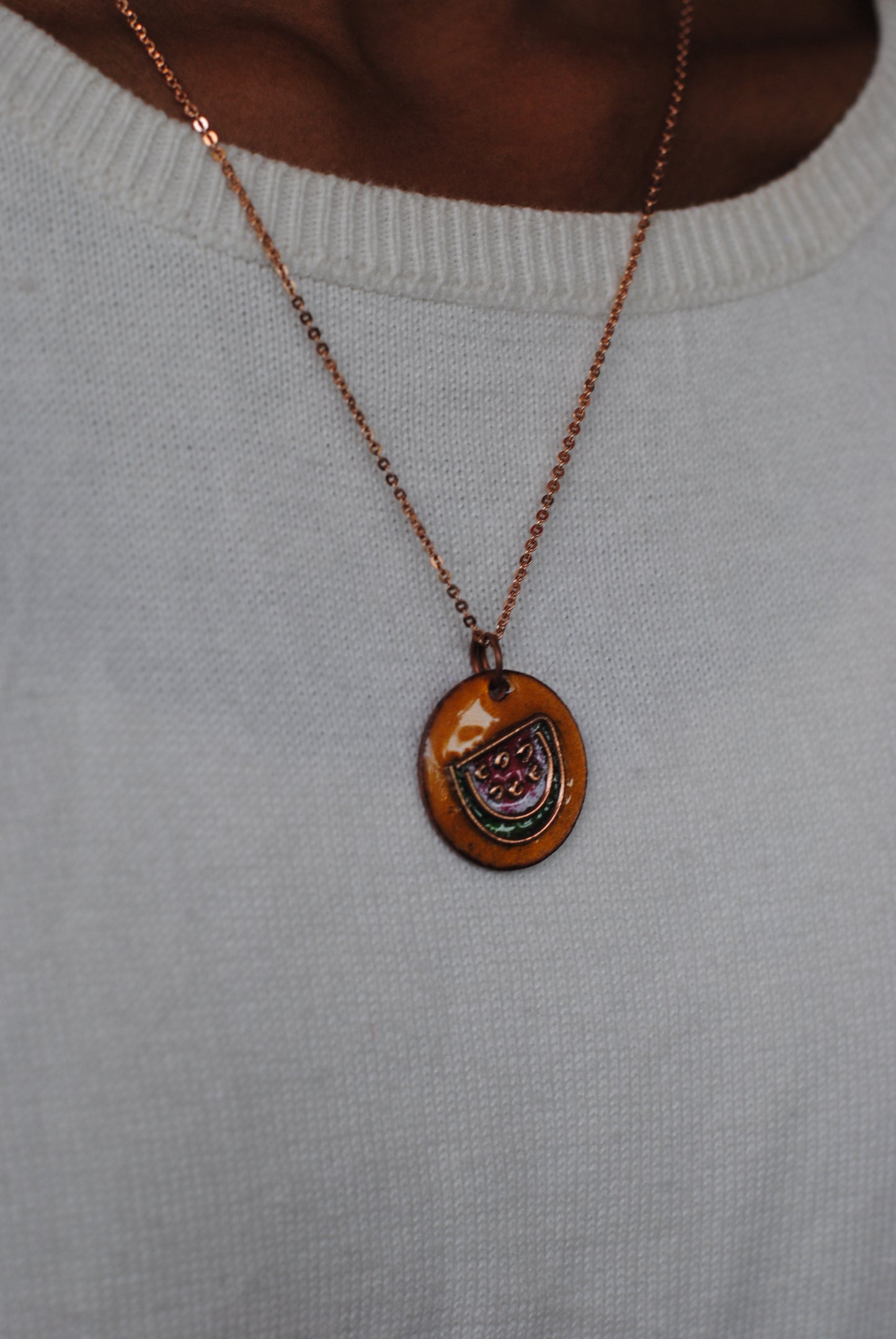 Copper enamel jewelry, funky pendant handcrafted in Maharashtra, India. Watermelon tarbooz theme