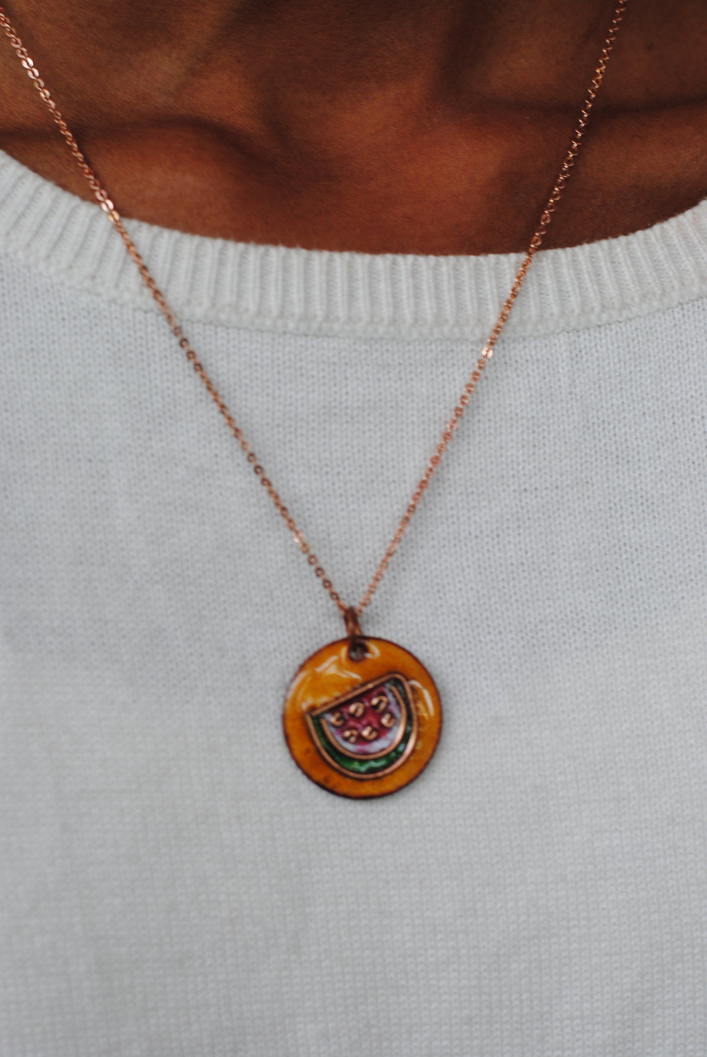 Copper enamel jewelry, funky pendant handcrafted in Maharashtra, India. Watermelon tarbooz theme