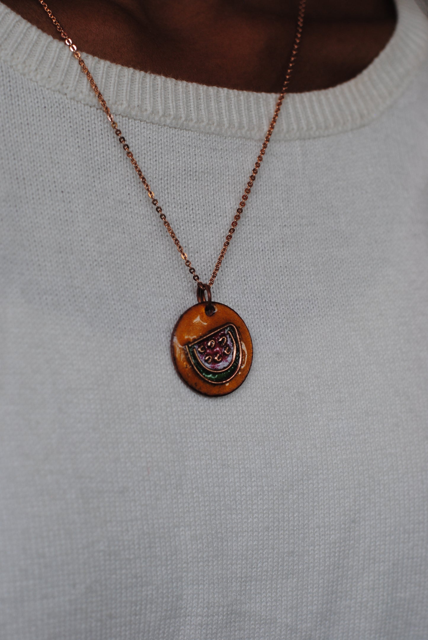 Copper enamel jewelry, funky pendant handcrafted in Maharashtra, India. Watermelon tarbooz theme