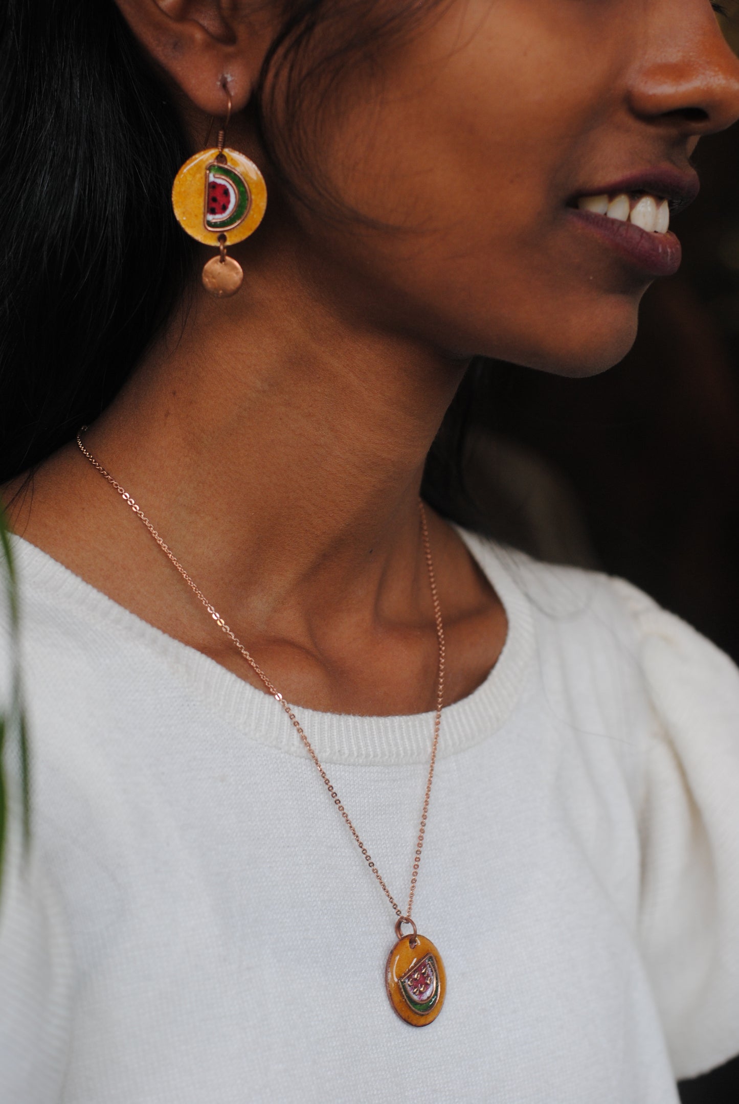 Copper enamel jewelry, funky pendant handcrafted in Maharashtra, India. Watermelon tarbooz theme