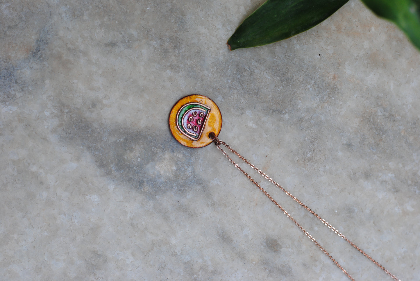 Copper enamel jewelry, funky pendant handcrafted in Maharashtra, India. Watermelon tarbooz theme