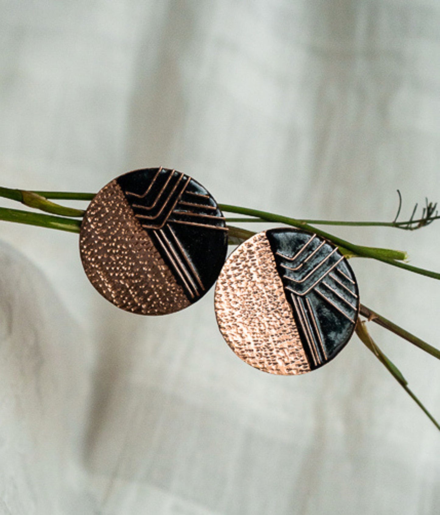 Copper enamel jewelry, geometry designs handcrafted in Maharashtra, India. Sun theme