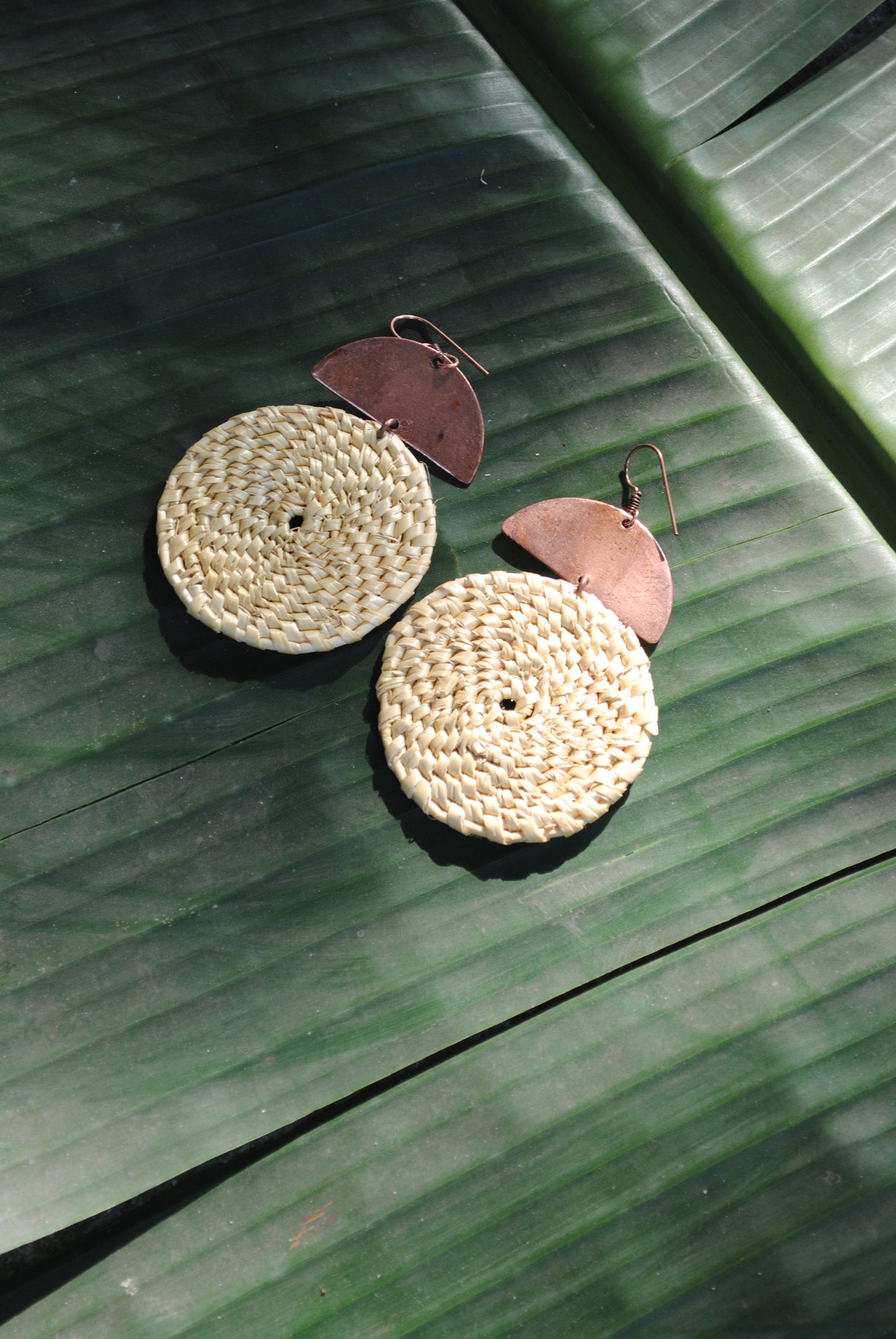Truna natural fibre golden grass and copper enamel handcrafted jewelry from Odisha, Chandrabindu earrings in blue