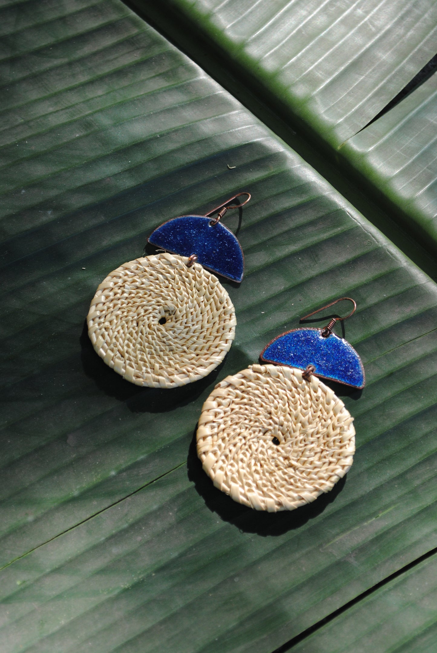 Truna natural fibre golden grass and copper enamel handcrafted jewelry from Odisha, Chandrabindu earrings in blue